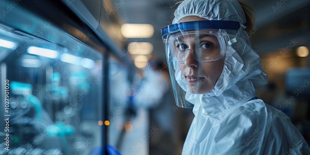 Scientist wearing full protective gear and face shield in a sterile laboratory environment Scientist wearing full protective gear and face shield in a sterile laboratory environment