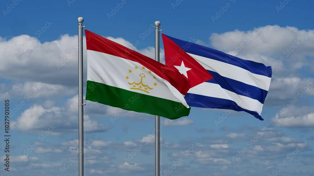 Cuba and Tajikistan flags flying together, video concept of the relationship, two country cooperation concept Cuba and Tajikistan flags flying together, video concept of the relationship, two country cooperation concept
