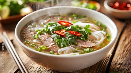 Steaming Bowl of Vietnamese Pho with Beef and Fresh Herbs