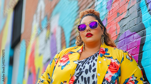 A plus-size fashionista showcasing her trendy outfit in an urban street style photoshoot posing confidently with vibrant city murals in the background. photo