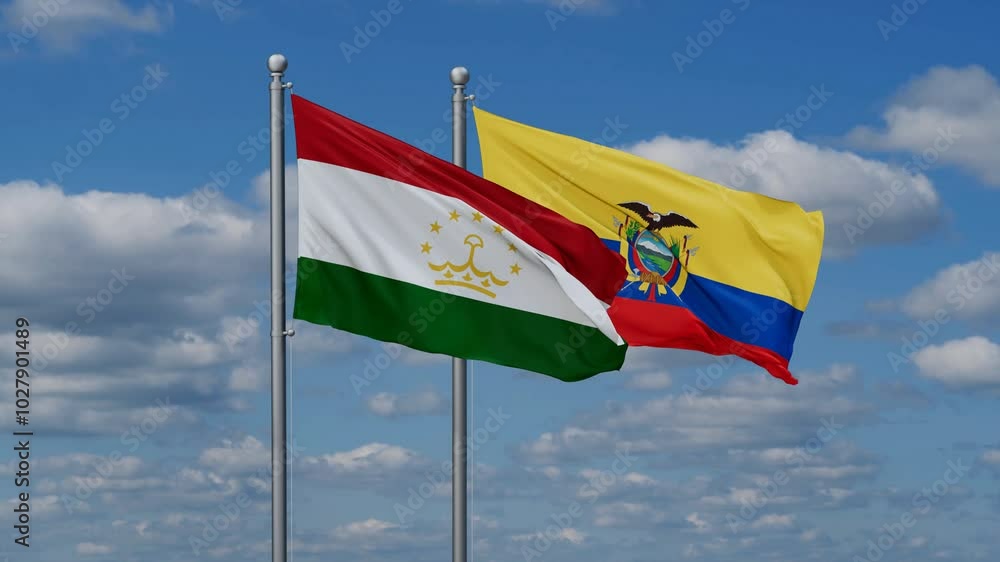 Ecuador and Tajikistan flags flying together, video concept of the relationship, two country relations concept Ecuador and Tajikistan flags flying together, video concept of the relationship, two country relations concept