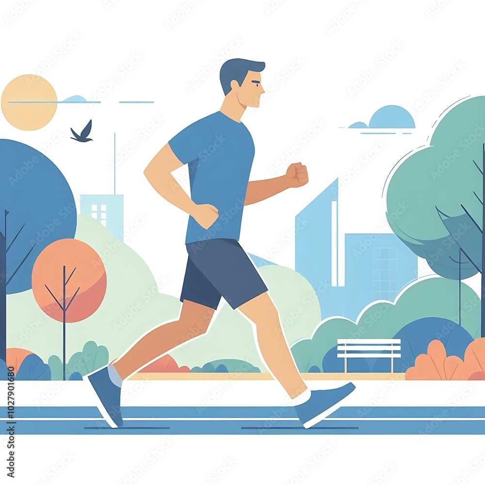 Obraz premium Flat-style illustration of a man jogging through a park. Ideal for fitness, outdoor, and healthy lifestyle-themed designs. Simple and energetic composition, perfect for promoting physical activity.