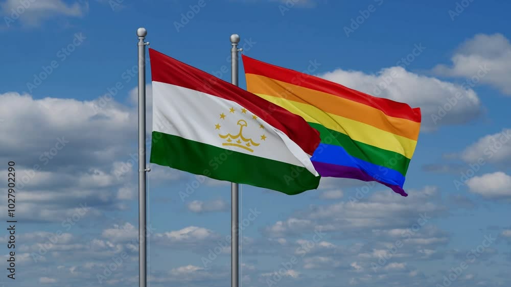 LGBT movement flag also Gay Pride and Tajikistan two flags waving cycle looped video, tolerance conception in country LGBT movement flag also Gay Pride and Tajikistan two flags waving cycle looped video, tolerance conception in country