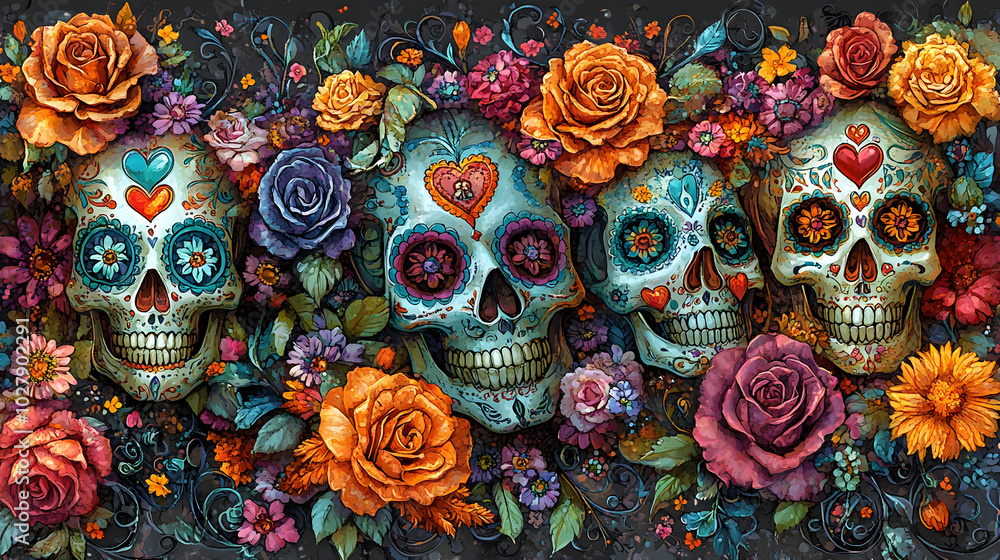 Fototapeta premium Mexican colorful sugar skull makeup. Traditional calaca heads for Day of dead celebration. Dia de los muertos Traditional Mexican carnival style Santa Muerte concept