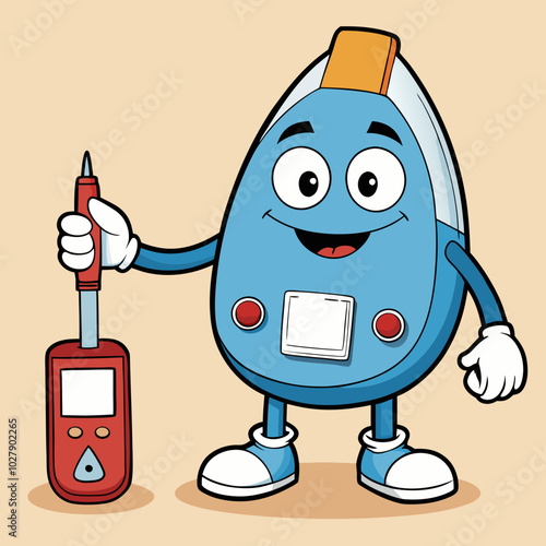Cartoon glucometer holding blood test device on beige background.