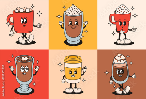 Set of groovy coffee cup characters. Vector flat illustration.