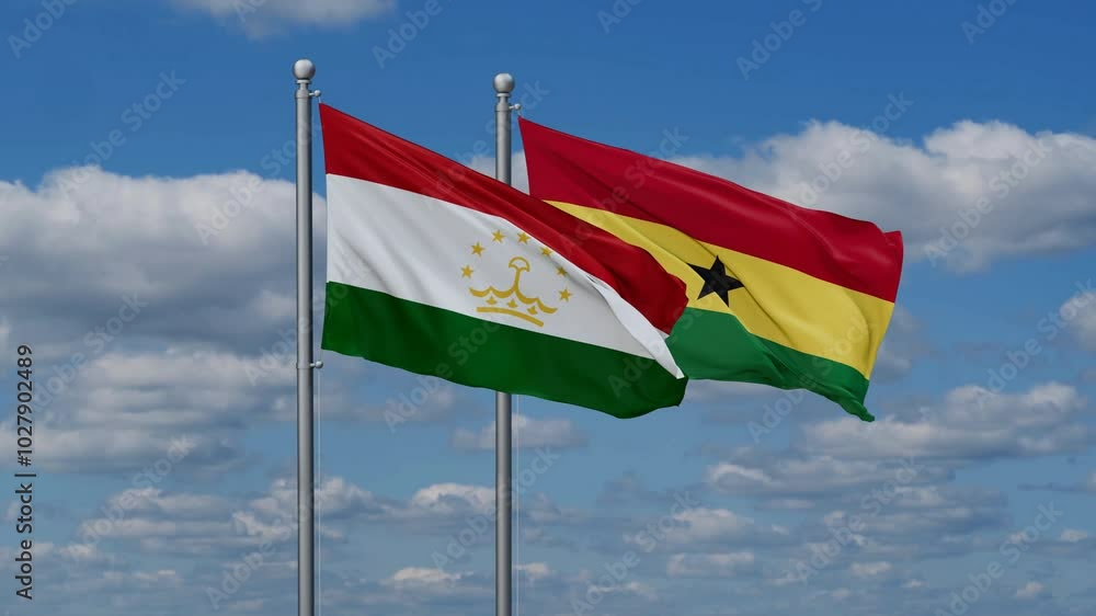 Ghana and Tajikistan flags flying together, video concept of the relationship, two country relations concept Ghana and Tajikistan flags flying together, video concept of the relationship, two country relations concept