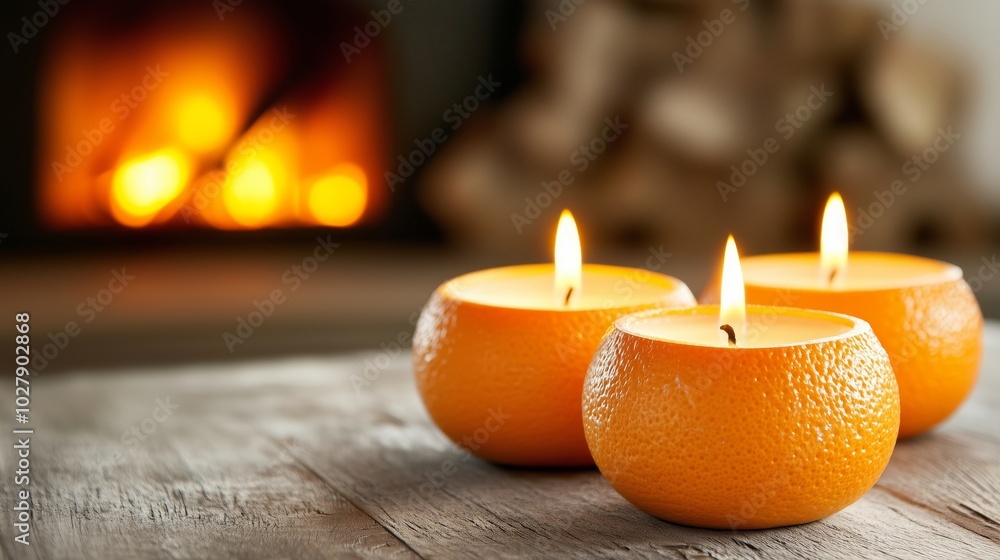 Cozy Ambiance with Orange Peel Candles Glowing Warmly by Fireplace on Rustic Wooden Table Cozy Ambiance with Orange Peel Candles Glowing Warmly by Fireplace on Rustic Wooden Table