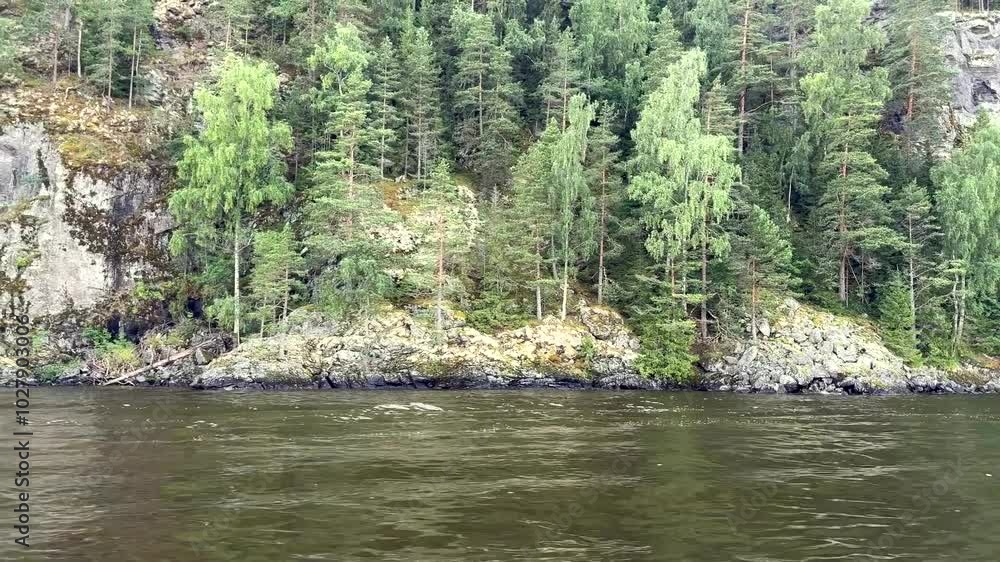 Towering cliffs with pine trees growing on them, and dark water flowing below. The dramatic scenery highlights the contrast between the rocky cliffs, greenery, and water. High quality FullHD footage Towering cliffs with pine trees growing on them, and dark water flowing below. The dramatic scenery highlights the contrast between the rocky cliffs, greenery, and water. High quality FullHD footage
