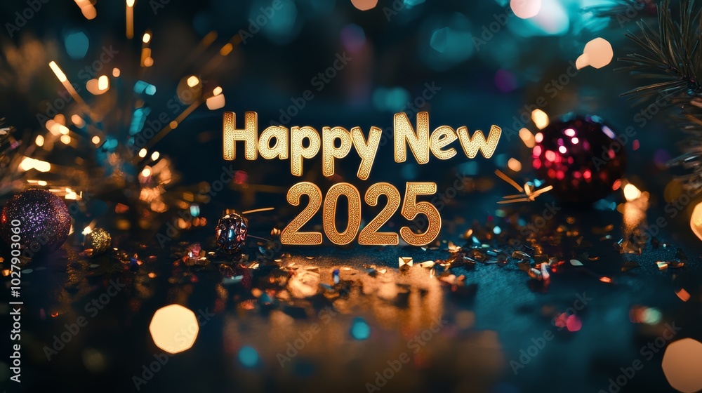 Elegant 'Happy New Year 2025' display in golden text with sparklers, ideal for seasonal marketing. Elegant 'Happy New Year 2025' display in golden text with sparklers, ideal for seasonal marketing.