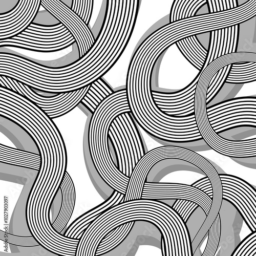 Vector dimensional curved stripes dynamic composition. White black abstract pattern. Line background. Curve texture.