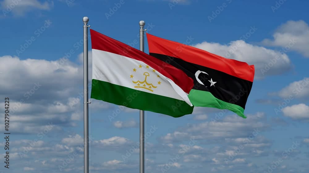 Libya and Tajikistan flags flying together, video concept of the relationship, two country cooperation concept Libya and Tajikistan flags flying together, video concept of the relationship, two country cooperation concept