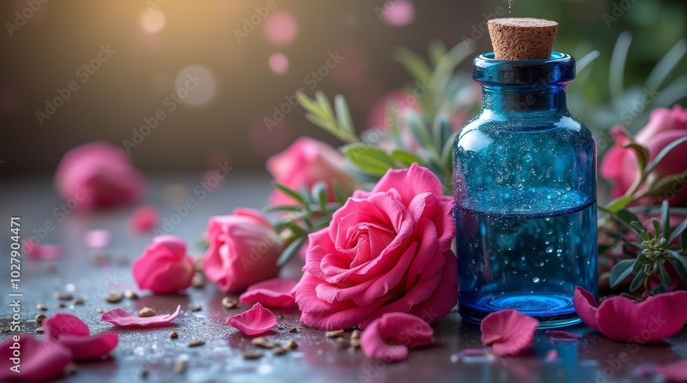 Pink roses and a blue bottle of essential oil create a beautiful, romantic scene. Pink roses and a blue bottle of essential oil create a beautiful, romantic scene.