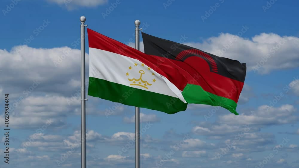 Malawi and Tajikistan flags flying together, video concept of the relationship, two country relations concept Malawi and Tajikistan flags flying together, video concept of the relationship, two country relations concept