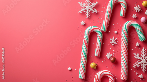 Festive candy canes and snowflakes on vibrant pink background