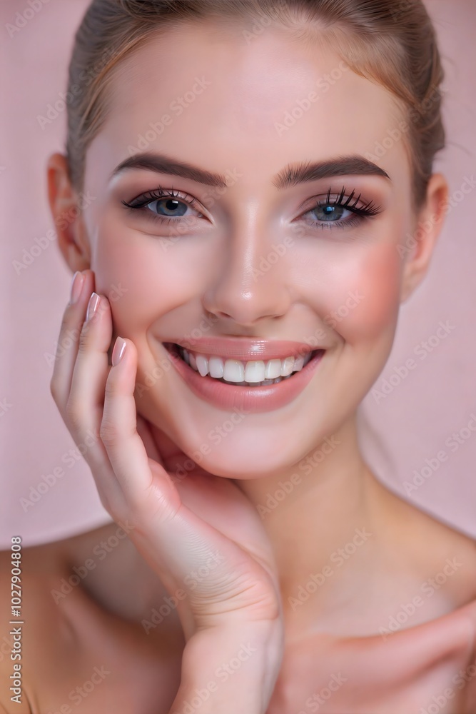 Obraz premium Cheerful young woman smiling while touching her face against a simple pink background in a joyful, lively atmosphere. Generative AI