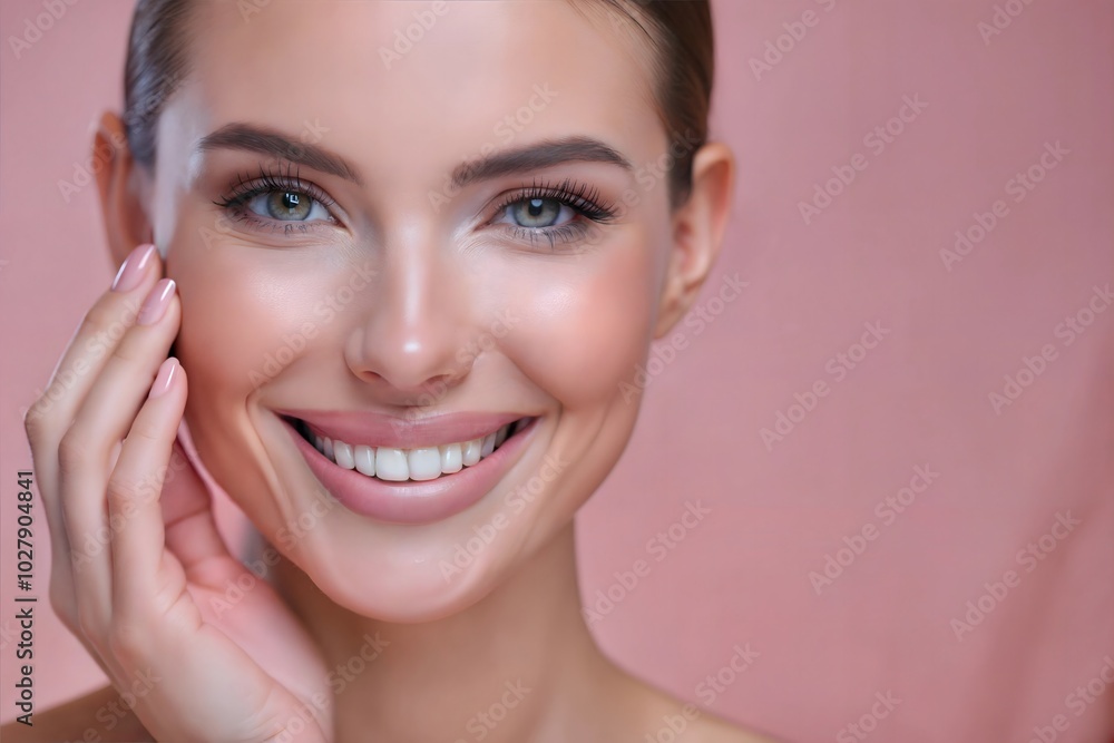 Cheerful young woman smiling while touching her face against a simple pink background in a joyful, lively atmosphere. Generative AI Cheerful young woman smiling while touching her face against a simple pink background in a joyful, lively atmosphere. Generative AI