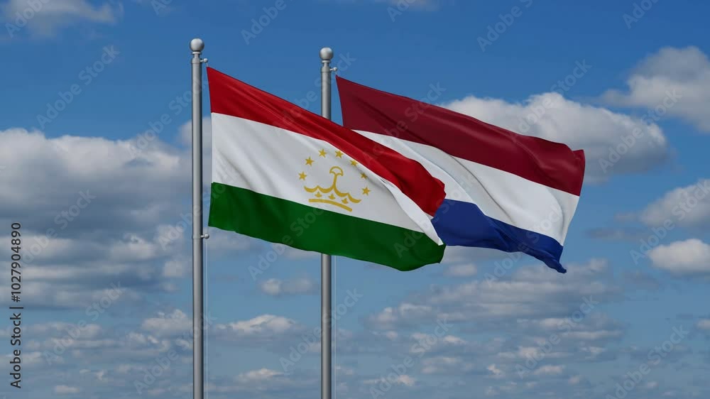 Netherlands and Tajikistan flags flying together, video concept of the relationship, two country relations concept Netherlands and Tajikistan flags flying together, video concept of the relationship, two country relations concept