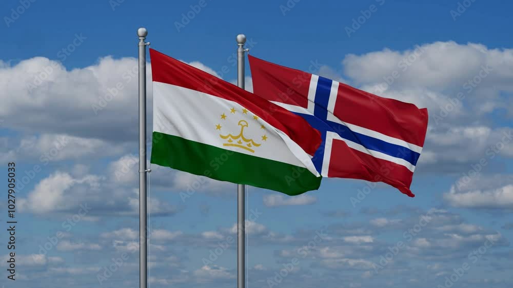 Norway and Tajikistan flags flying together, video concept of the relationship, two country relations concept Norway and Tajikistan flags flying together, video concept of the relationship, two country relations concept
