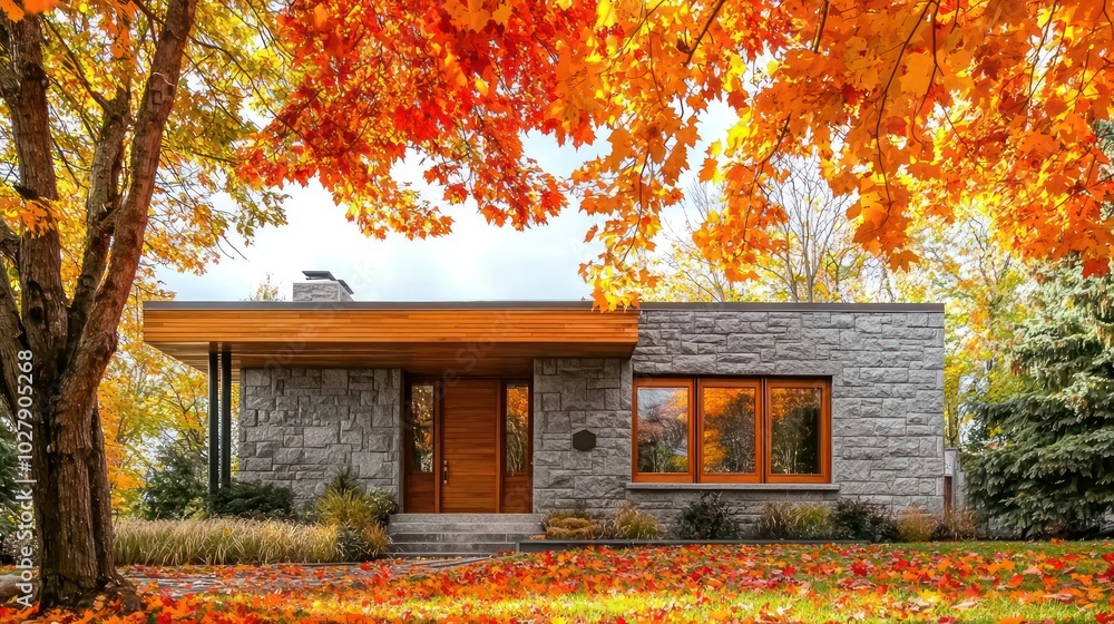 Frontal view of a grey stone Montreal home with wood accents, under a canopy of bright autumn leaves Frontal view of a grey stone Montreal home with wood accents, under a canopy of bright autumn leaves