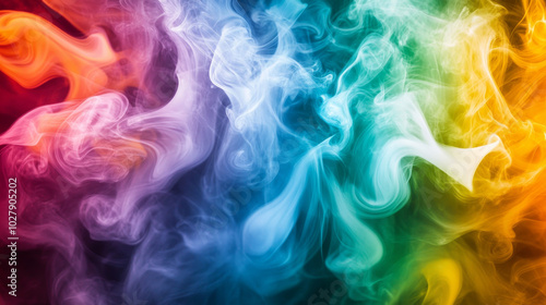 Swirling smoke bursts with vibrant colors, creating a dynamic wave of blending hues. This chaotic yet harmonious dance of colors and textures evokes movement and energy.