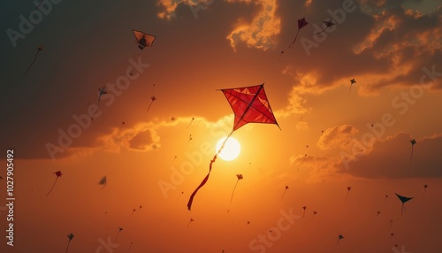 India: Makar Sankranti.  Children and adults flying kites from rooftops. Traditional celebrations in the world concept.  photo