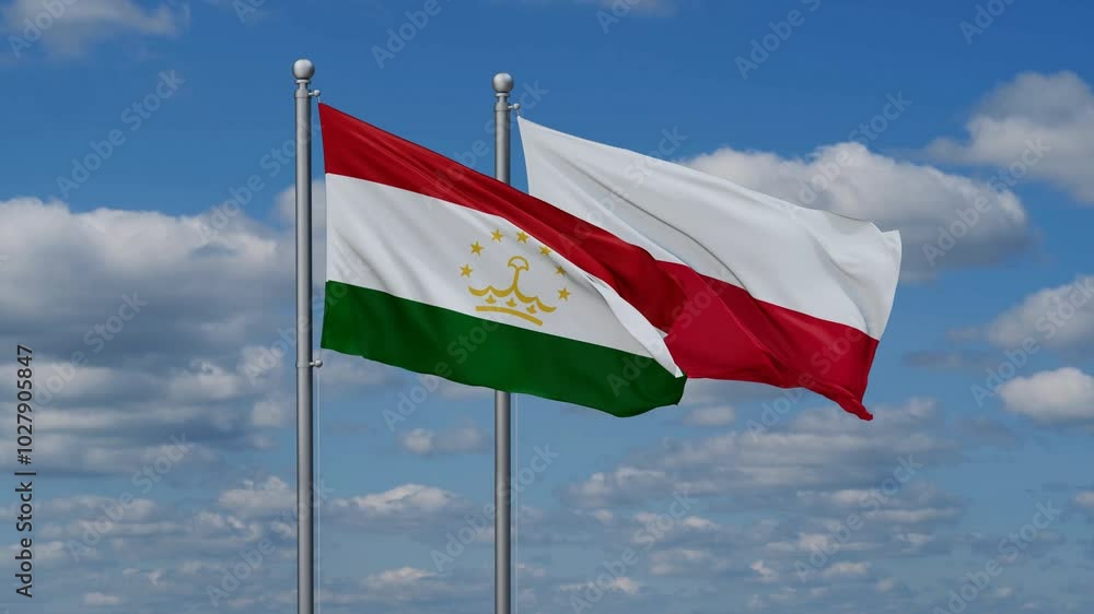 Poland and Tajikistan flags flying together, video concept of the relationship, two country cooperation concept Poland and Tajikistan flags flying together, video concept of the relationship, two country cooperation concept
