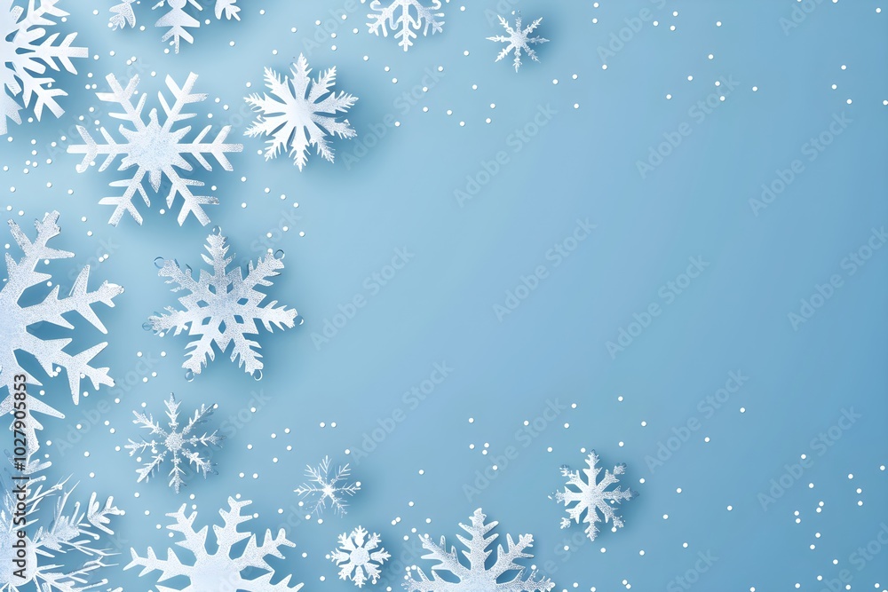 White snowflakes on light blue background. Christmas and New Year holiday concept. 3D Paper cut style winter scene. Design for greeting card, invitation, banner with copy space. Flatlay, top view White snowflakes on light blue background. Christmas and New Year holiday concept. 3D Paper cut style winter scene. Design for greeting card, invitation, banner with copy space. Flatlay, top view