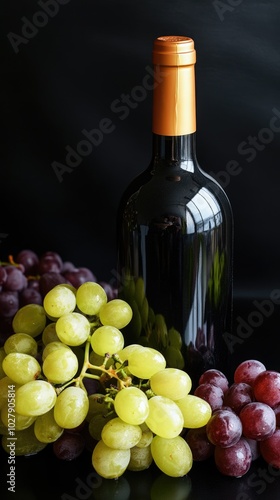 Red wine bottle and grapes, alcohol drink on black background