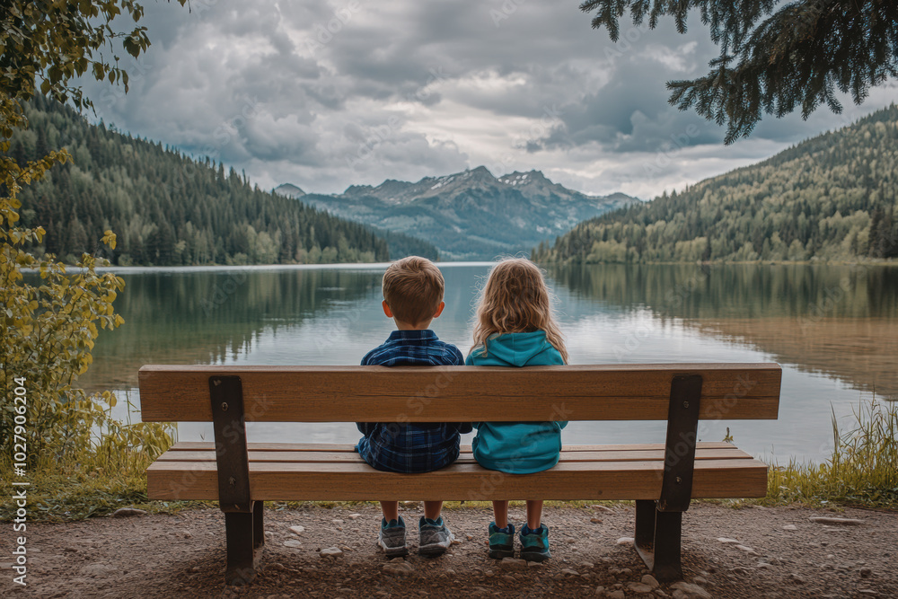 Back view of two children sitting on a bench overlooking serene lake and mountains Back view of two children sitting on a bench overlooking serene lake and mountains