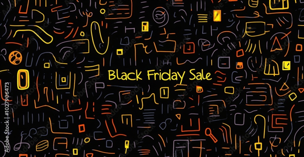 Black banner with white icons of credit cards, shopping bags, sale symbols, geometric shapes on a black background. Black Friday sale vector illustration concept. Hand-drawn text Black banner with white icons of credit cards, shopping bags, sale symbols, geometric shapes on a black background. Black Friday sale vector illustration concept. Hand-drawn text