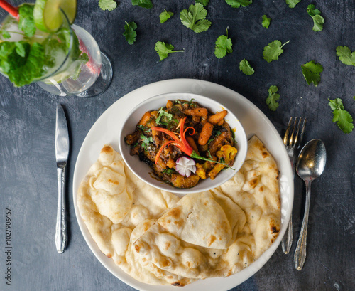 Special meat curry in a bowl surrounded by fluffy naan bread. The dish is garnished with fresh herbs and colorful chili slices, and a refreshing drink with mint and lime is beside the plate. photo