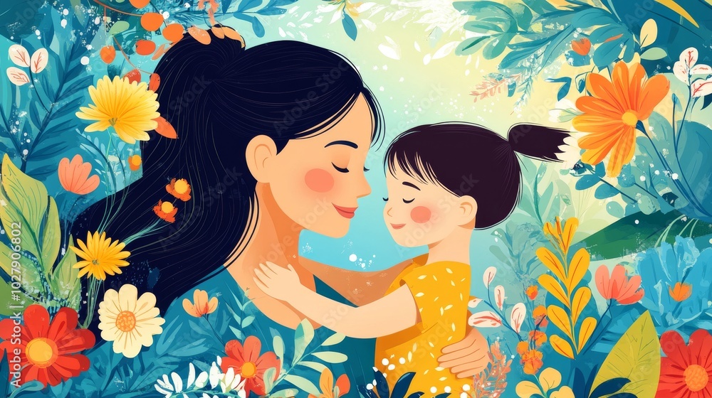 Mother and child in a loving embrace, celebrating Mother's Day with a vibrant, cheerful background. Vector illustration Mother and child in a loving embrace, celebrating Mother's Day with a vibrant, cheerful background. Vector illustration