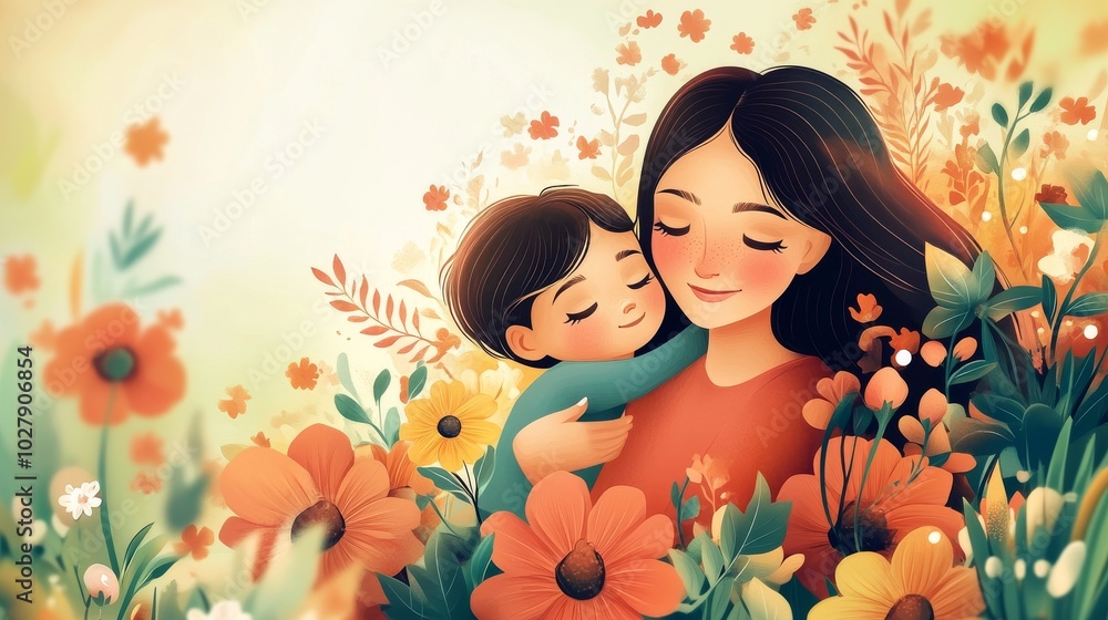Mother and child in a loving embrace, celebrating Mother's Day with a vibrant, cheerful background. Vector illustration Mother and child in a loving embrace, celebrating Mother's Day with a vibrant, cheerful background. Vector illustration