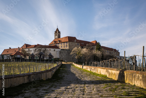 Riegersburg Castle in Steiermark, Austria, beautifully illuminated by the golden light before sunset. This medieval fortress sits atop a climbable rock face, also featuring a via ferrata. photo