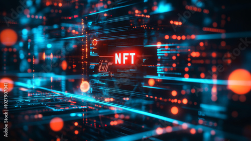 The text "NFT" is displayed on a digital, abstract background, representing the concept of nonfungible tokens.