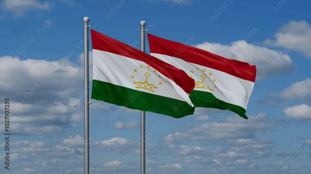 Tajikistan two flags waving together, video concept of the relationship, two country cooperation concept Tajikistan two flags waving together, video concept of the relationship, two country cooperation concept