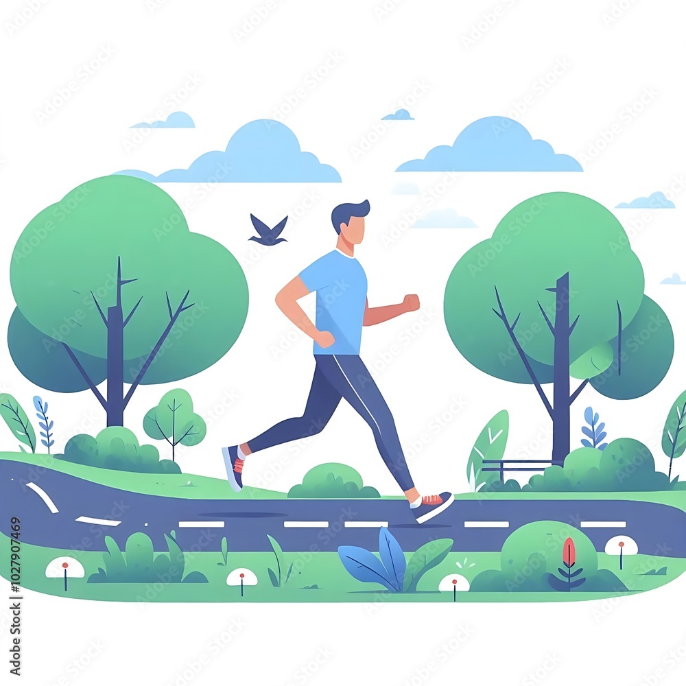 Flat-style illustration of a man jogging through a park. Ideal for fitness, outdoor, and healthy lifestyle-themed designs. Simple and energetic composition, perfect for promoting physical activity. Flat-style illustration of a man jogging through a park. Ideal for fitness, outdoor, and healthy lifestyle-themed designs. Simple and energetic composition, perfect for promoting physical activity.