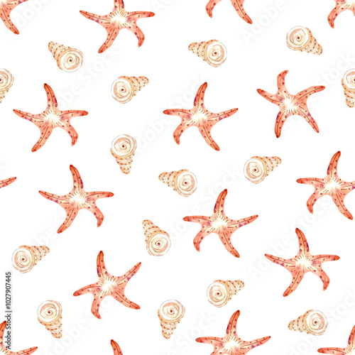 Watercolor seamless pattern underwater life  with  starfish and seashell. Fairy tale cute background.  Texture for wrapping paper, fabrics, decor, banners, cover.