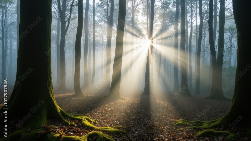 Obraz premium Morning Sunlight Shining Through Misty Forest Trees
