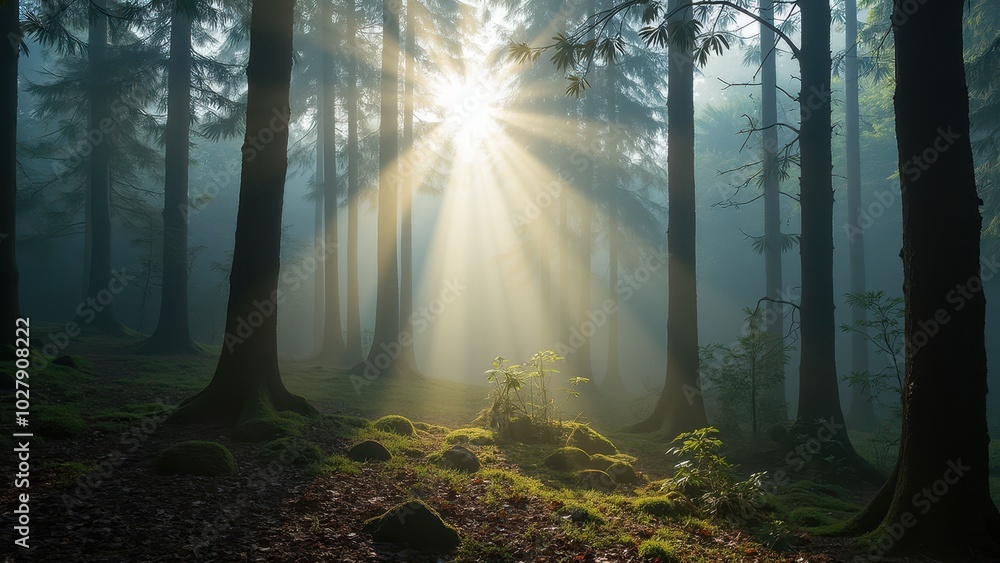 Obraz premium Sunlight Filtering Through Trees in a Misty Forest