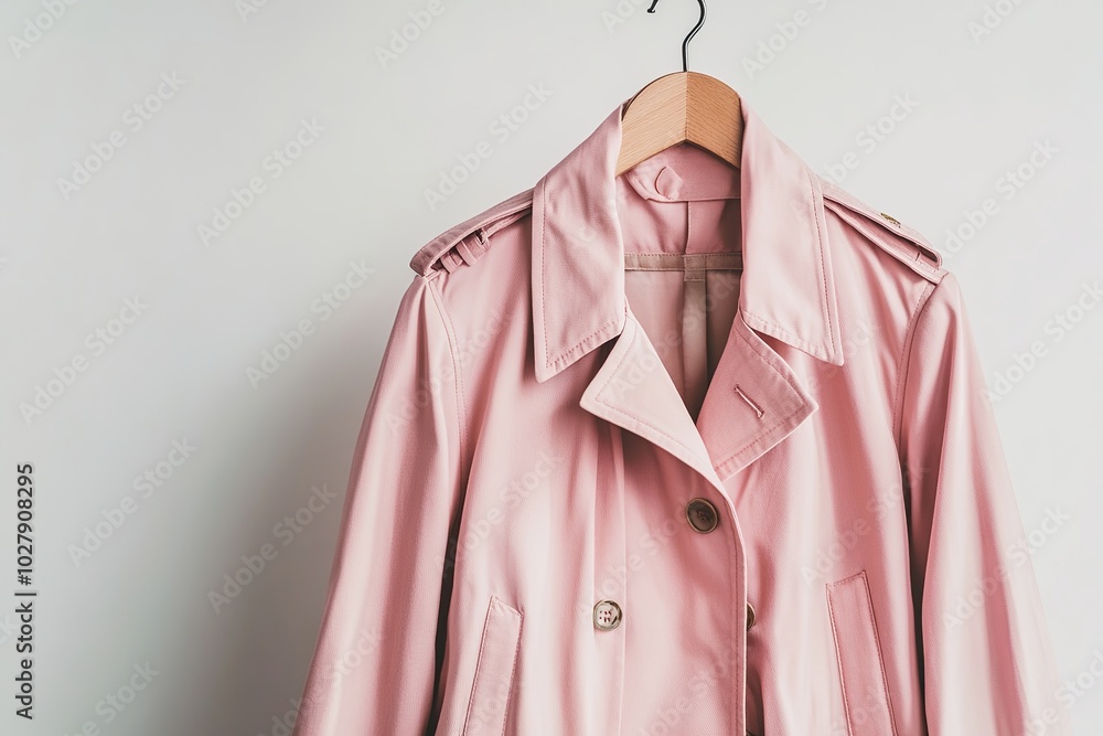 A stylish pink trench coat hanging on a wooden hanger against a light background. A stylish pink trench coat hanging on a wooden hanger against a light background.