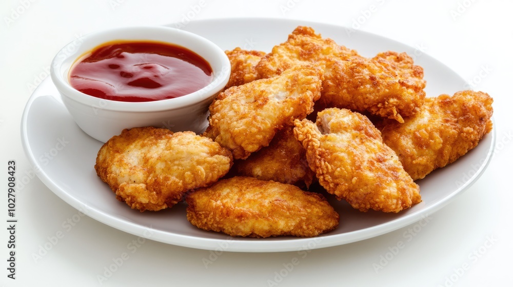 Fried breaded chicken tender strips with tomato ketchup sauce on white background. Crispy meat nuggets on the plate Fried breaded chicken tender strips with tomato ketchup sauce on white background. Crispy meat nuggets on the plate