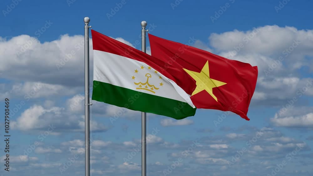 Vietnam and Tajikistan flags flying together, video concept of the relationship Vietnam and Tajikistan flags flying together, video concept of the relationship