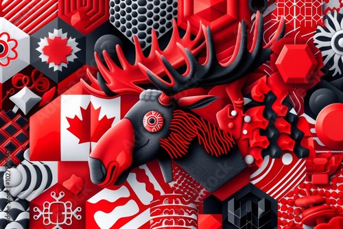 Canada banner featuring hexagons, circles, and maple leaves in the national colors of red and white.a background that highlights the heritage of Canada with elements of moose and the Canadian flag.
 photo