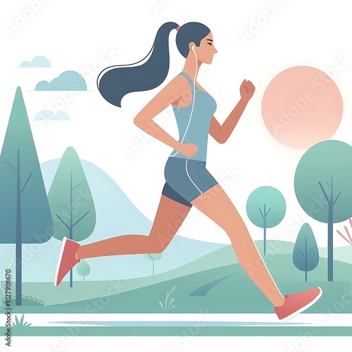 Flat-style illustration of a woman jogging through a park. Ideal for fitness, outdoor, and healthy lifestyle-themed designs. Simple and energetic composition, perfect for promoting physical activity