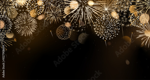 Fireworks background, New Year gold vector border