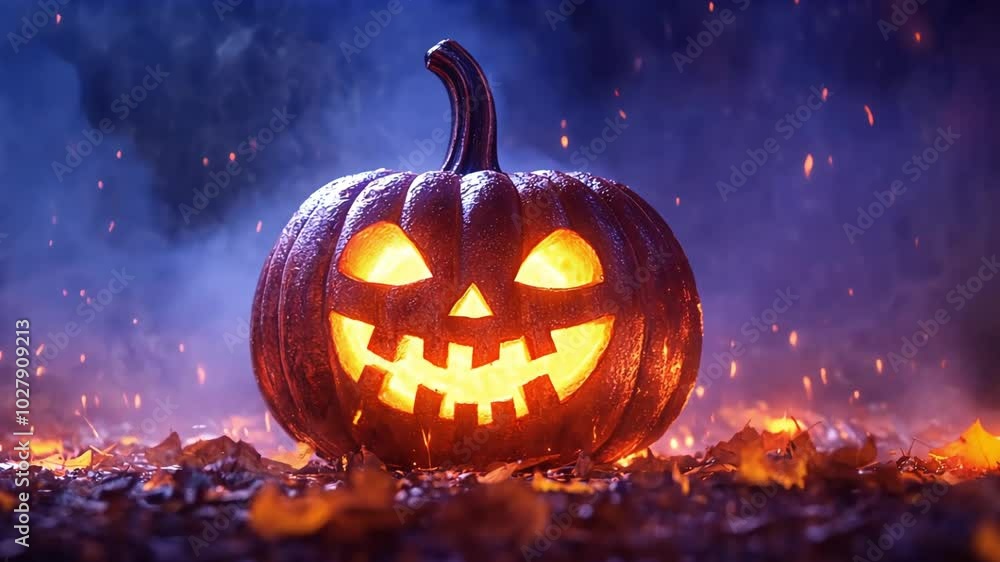 Glowing jack-o-lantern with a spooky grin sits in a field of burning leaves. Glowing jack-o-lantern with a spooky grin sits in a field of burning leaves.