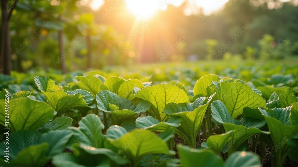 Fototapeta premium Morning Dew on Fresh Garden Greens at Sunrise