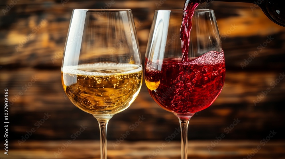 Two wine glasses, one filled with white wine and the other with red wine, on a wooden surface. Two wine glasses, one filled with white wine and the other with red wine, on a wooden surface.